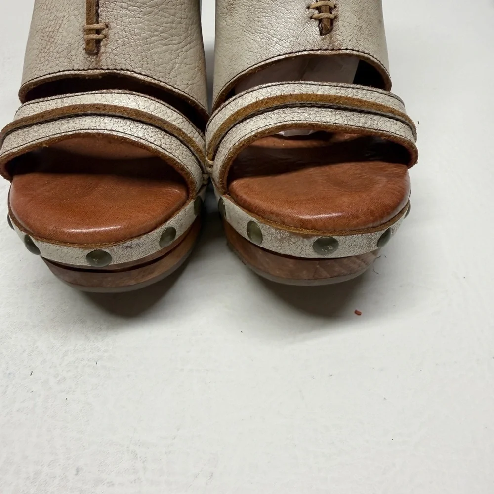 Bed Stu Cream Leather Studded Wedge/platform Sandals size 6